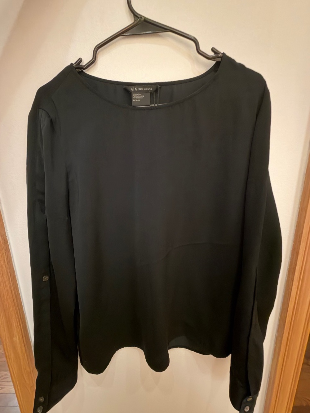 ARMANI EXCHANGE Black Roll-Tab Long Sleeve Crewneck Blouse - Size XL